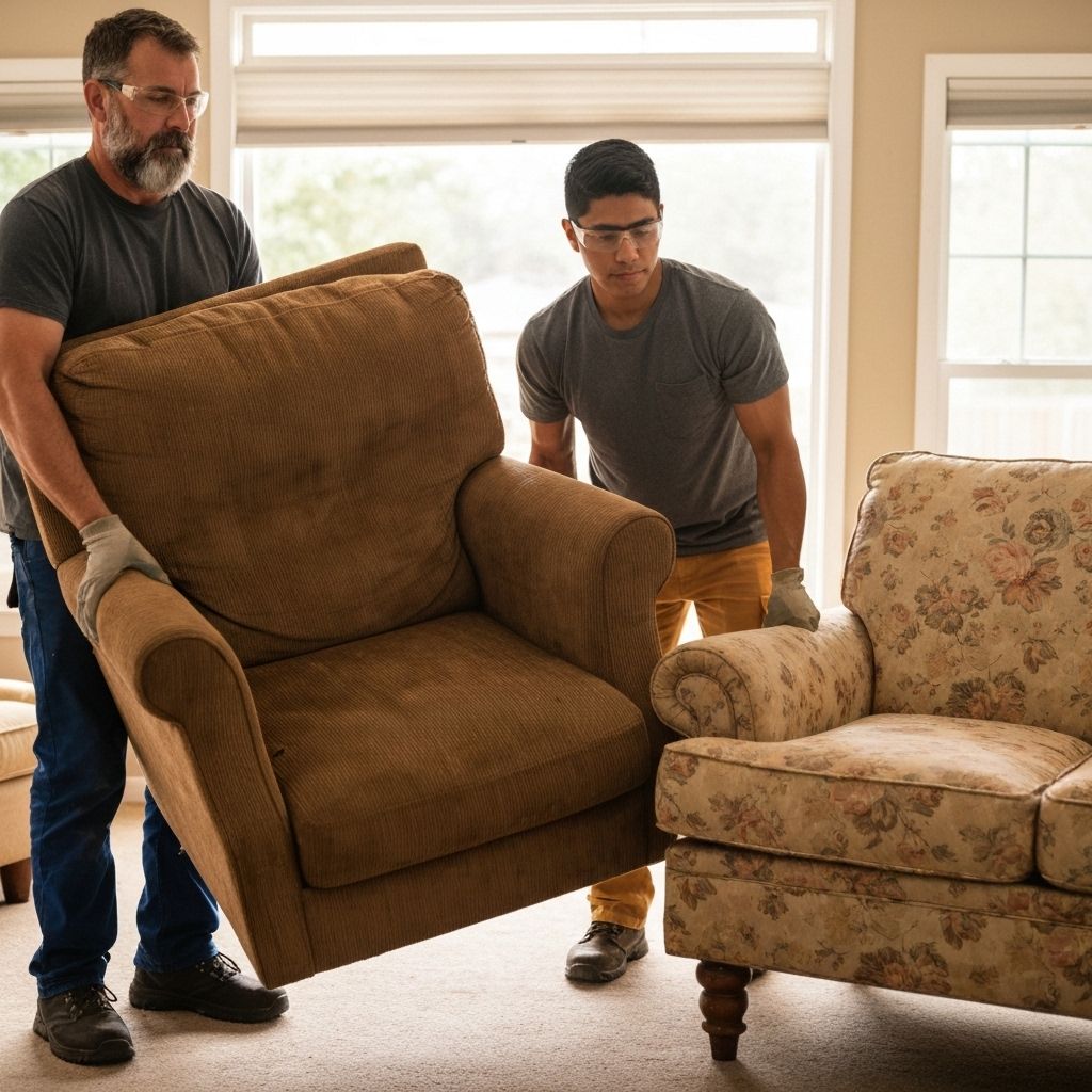 Professional furniture removal team carefully removing couch and loveseat from home