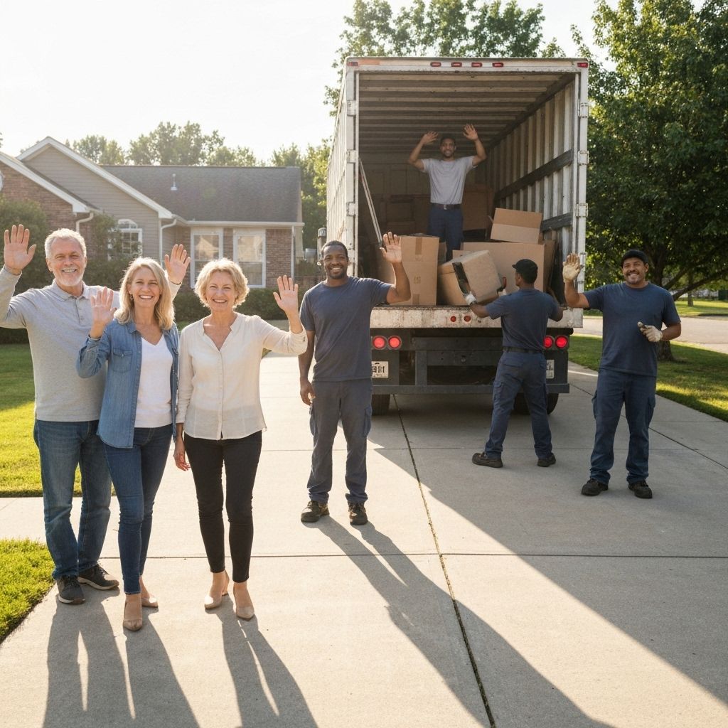 Happy homeowners watching How High Junk Removal professionals efficiently remove junk from their property