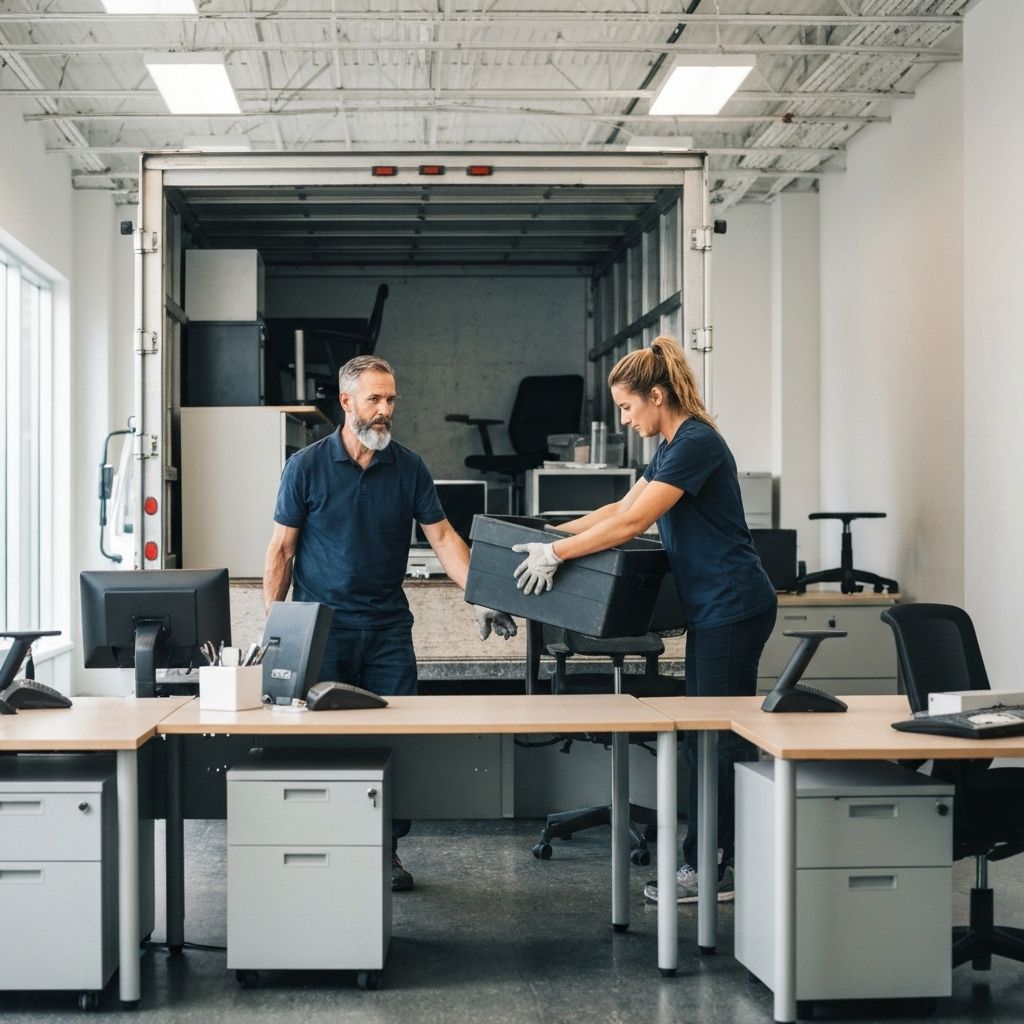 Professional junk removal team clearing out office space with furniture and equipment
