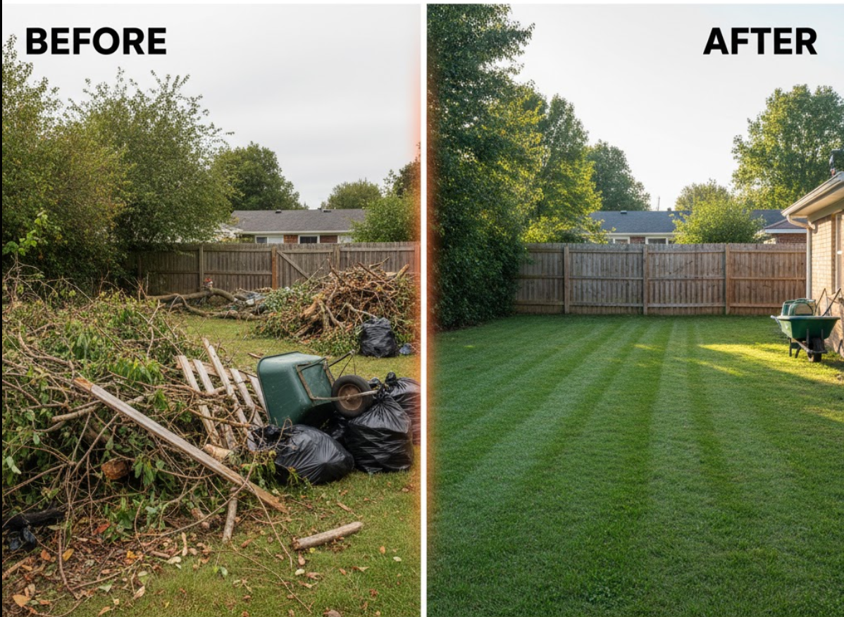 Before and after yard waste removal - showing transformation from debris-filled yard to clean, manicured lawn